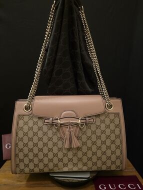 **Authentic** Gucci Emily GG Logo Canvas Chain Shoulder Tote with Tassel
